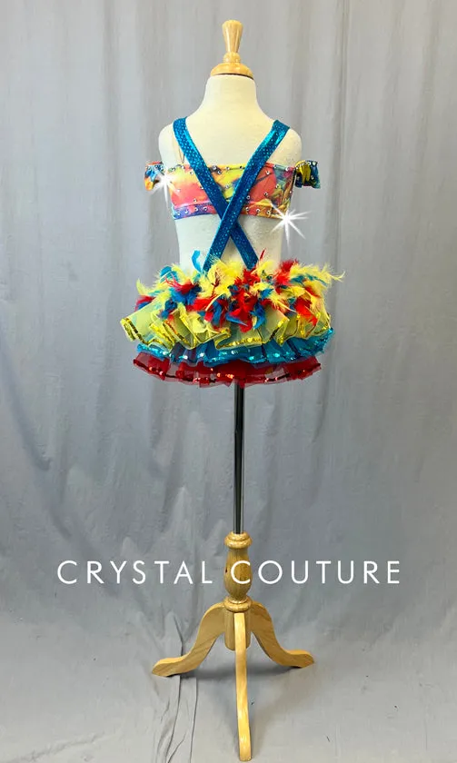 Primary Colored Two Piece with Feather Back Bustle & Suspenders - Rhinestones