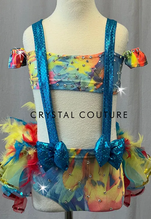 Primary Colored Two Piece with Feather Back Bustle & Suspenders - Rhinestones